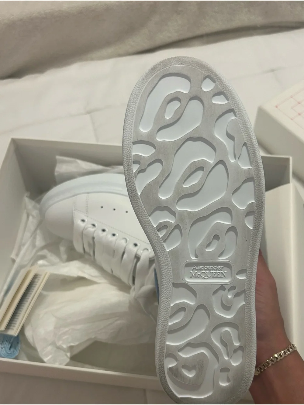 Alexander McQueen White Leather Sneakers with Light Blue Heel Tab